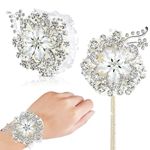 Yunsailing 2 Pcs Rhinestone Wrist Corsage and Boutonniere Set - Artificial Flower Corsage Wristlet for Wedding Prom Homecoming Bridesmaid Bridal Shower Anniversary Formal Event(Silver Ivory,Crystal) - color: Silver Ivory, style: Crystal