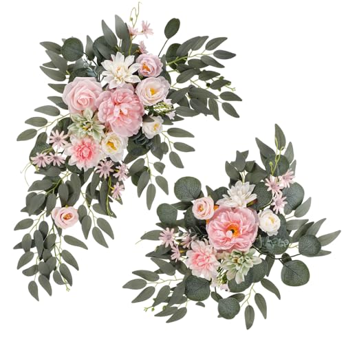 2 Pcs Wedding Arch Decorations - Reusable Artificial Hanging Flowers Floral Swag Greenery Garland for Wedding Welcome Sign Backdrop Bridal Ceremony Reception Backdrop Decoration(Green) - color: Pink+green