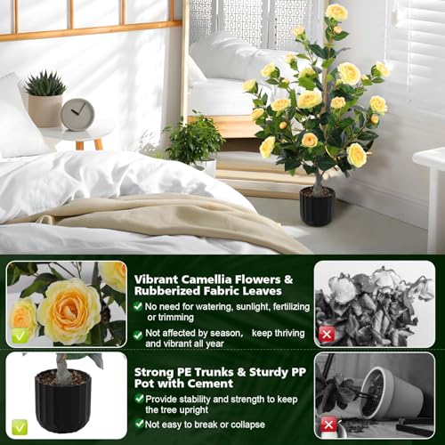 Hananona 2 Pcs Artificial Camellia Trees Faux Camellia Plant in Pot with Flowers Indoor Plants for Spring Home Decor Outdoor Porch Front Door Decor (Yellow, M) - color: Yellow