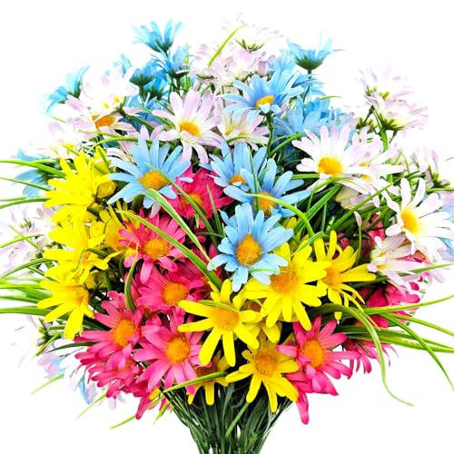 4 Bundles Artificial Large Daisy Fake Plants Flowers Faux Silk Wildflowers Bouquet Outdoor UV Resistant for Home Decor Indoor Outside Garden Front Porch Planters Decoration (Multi Color) - color: Multi Color