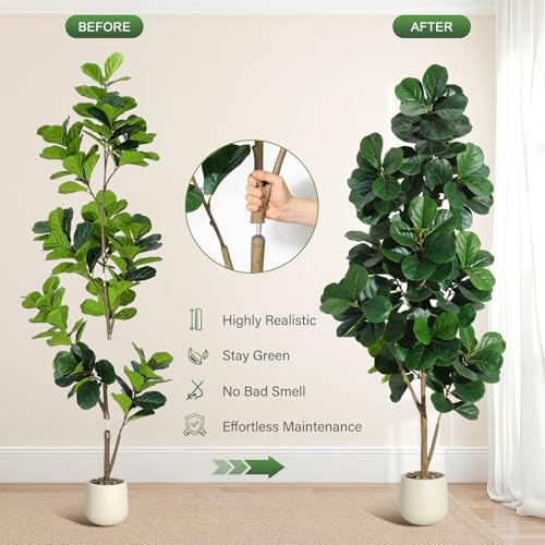 7 ft Fiddle Leaf Fig Tree Artificial with 141 Leaves - Realistic Faux Ficus Lyrata Trees in 9 in White Planter Pot, Indoor Fake Floor Plants for Home Office Living Room Decor, Housewarming Gift - color: With White Planter, size: 7ft