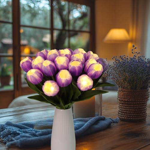 HOMESEASONS 20 Stems LED Lighted Artificial Flowers Tulip Lamp Real Touch Tulips Faux Flower Lights for Valentine's Day and Easter Home Kitchen Wedding Dining Table Decor(Purple) - color: Purple