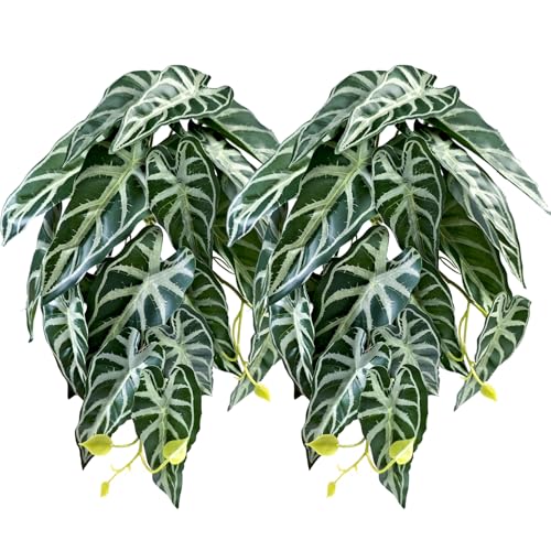 Woyrise 2 Pack Reptile Plants, Terrarium Hanging Plant Vines, Artificial Leaves with Suction Cup, Bearded Dragon Tank Accessories for Gecko Lizard Snake Frog Tortoise Decorations - Alocasia Velvet - color: Alocasia Velvet