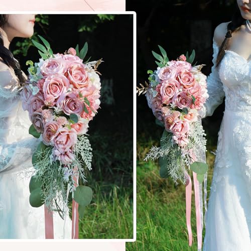10 Inch Dusty Pink Rose Gold Cascading Bouquets for Bride Summer Fall Wedding Blush Light Pink Artificial Silk Flower Pearl Bridal Bouquet Boho Rustic Ceremony Anniversary Decor Toss Bouquet - color: Dusty Pink
