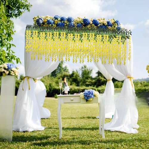 Artificial Wisteria Hanging Flowers Fake Wisteria Flower Garland Silk Vines Rattan Decor for Home Wedding Arch Wall Garden Greenery Bedroom Outdoor Office Party Decoration (12, Yellow) - color: Yellow