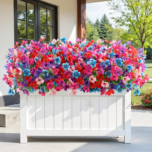 SHareconn 20 Bundles Artificial Flowers Outdoors Decoration, Fake Silk mums Eucalyptus Realistic UV Resistant Faux Plants for Outside Indoor Planter Porch Yard Home Spring Decor, 6 Colors incl. Blue - color: Redrosypurpledeeppurplepinkblue