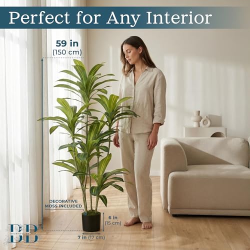 Dracaena Artificial Tree with Small Black Pot & Moss – Lifelike Natural Look, Maintenance-Free, Indoor & Outdoor Plant for Home, Office, Balcony & Patio (5ft, Standard Black Plastic Base)