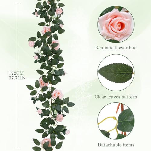 2 Pack 11.2 Ft Artificial Flower Garland with Pink Roses, Realistic Fake Greenery Vines with 17 Roses Flowers for Wedding Table Centerpieces Arch Party Ceremony Backdrop Decor(Pink) - color: Pink