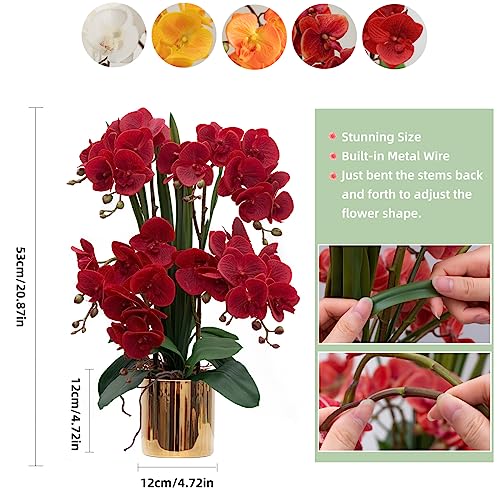 CXGS Artificial Orchid Flower Plants Real Touch Faux Orchids in Ceramic Vase 20.9'' Red Phalaenopsis Orchid Fake Flower Arrangement Home Indoor Decor - color: Red- Golden (12cm)