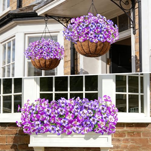 Artificial Pansies Flowers for Outdoor Faux Flower Spring Summer Decor, 12 Bundles Realistic Fake Silk Flowers Outside UV Resistant for Porch Patio Garden Home Yard Window Box Planters Orchid Purple - color: Orchid Purple
