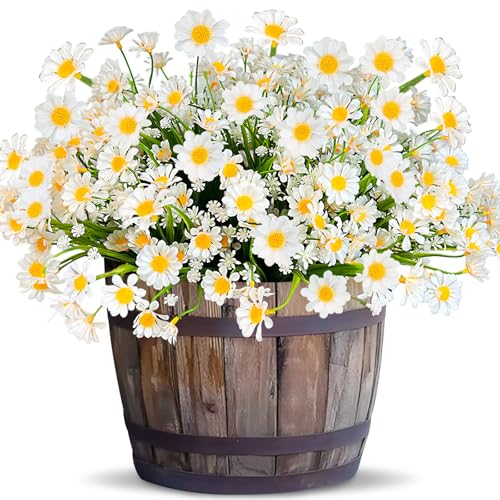 8 Bundles Artificial Daisy Flowers for Outdoors Summer Decor, UV Resistant Fake Cemetery Flowers Faux Plastic Greenery Shrub Plants for Home Outside Garden Patio Porch Grave Memorial Day Decor(White) - color: White, size: 8 Bundles