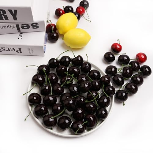 50PCS Simulation of Fruit Cherry Realistic Fake Fruit Cherry for Home Kitchen Party Decoration Photography Props Fruit Basket Decoration Christmas Thanksgiving - color: Black Cherry