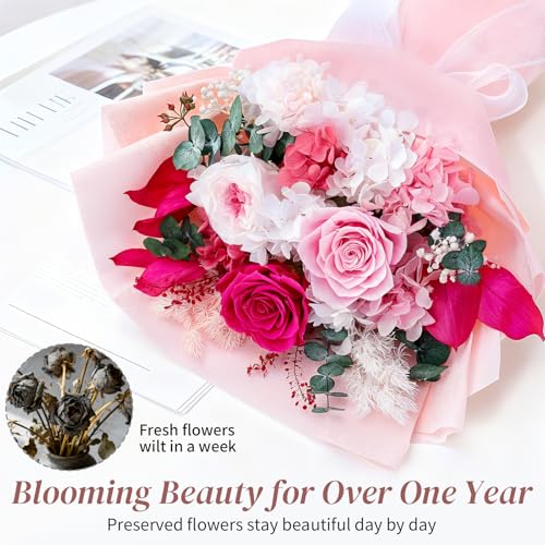 Lewondr Flower for Delivery, Preserved Flowers Bouquet, Pink Roses Bouquet, Real Long-Lasting Forever Birthday Flowers Gifts for Mom Women Wife Grandma Her Mothers Day Anniversary, Light Rose - color: Pink