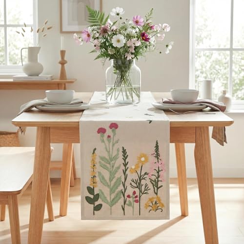 Artoid Mode Beige Soft Chain Embroidery Wild Floral Spring Table Runner, Seasonal Summer Kitchen Dining Table Decoration for Home Party Decor 13x72 Inch - color: Beige, size: 13" x 72", Table Runner
