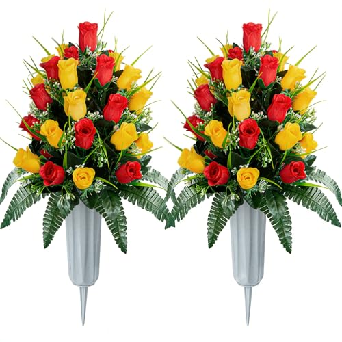 XONOR 2 Sets Artificial Cemetery Flowers, Grave Decorations Roses, Memorial Flowers Bouquet with Vase for Grave Cemetery Decoration (Red&Yellow) - color: Red&yellow
