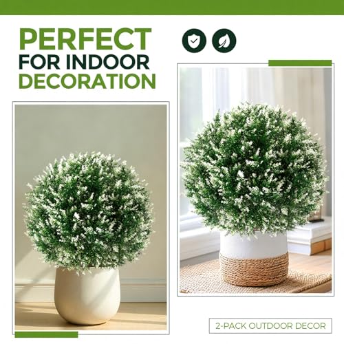 Lunmon 2 Pack 24" Artificial Topiary Ball Plants Trees with Flowers, Outdoor Fake Topiary Plants with Ground Spike, UV Resistant Faux Bushes for Indoor Outdoor Front Door Decor(White,Lavender) - color: White, style: Lavender