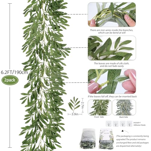 RECUTMS 2Pcs Artificial Olive Leaves Garlands 6.2Ft Fake Hanging Silk Willow Leave Ivy Vines Faux Bayberry Leaf Twigs Greenery Rattan for Indoor Outdoor Wedding Birthday Party Home Garden Table Decor - color: Olive Green