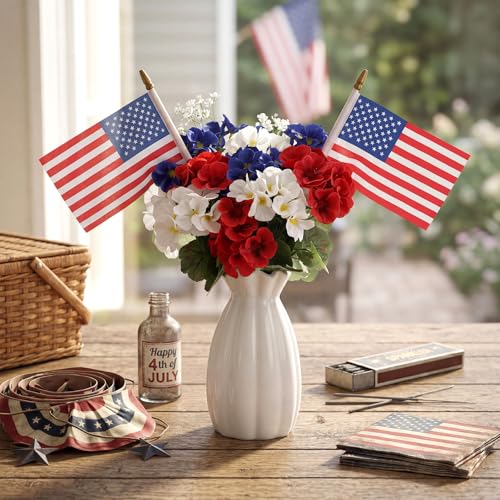 Tigeen 14 Pcs 4th of July Decor Red White Blue Artificial Flower Patriotic Decoration Artificial Geranium with 2 Flag 250th Anniversary Table Centerpieces for Memorial Veterans Independence Day Decor - style: Geranium