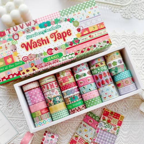 35 Rolls Strawberry Farm Washi Tape Set, Cute Fruits Decorative Scrapbook Tape and Journaling Supplies for DIY Crafts, Bullet Journals, Gift Wrapping - color: StrawberyAesthctic