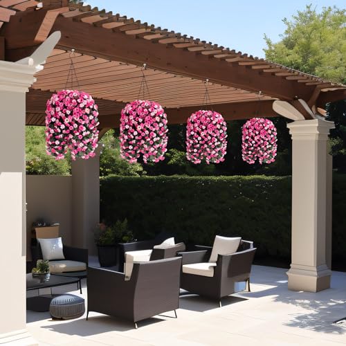 Ammyoo Artificial Flowers in Hanging Basket for Outdoors Spring Decor, Fake Mums Flowers Faux Plants with Basket for Indoors Home Porch Garden Yard Patio Decoration (Twin Pink) - color: Twin Pink