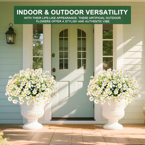 8 Bundles Artificial Daisy Flowers for Outdoors Summer Decor, UV Resistant Fake Cemetery Flowers Faux Plastic Greenery Shrub Plants for Home Outside Garden Patio Porch Grave Memorial Day Decor(White) - color: White, size: 8 Bundles