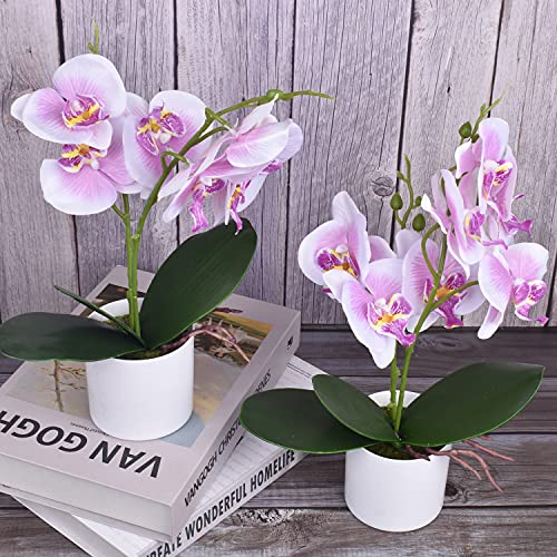 XONOR Artificial Orchid Flowers, 2 Pieces Potted Orchid Flowers with Plastic Vase for Table Centerpiece Home Decor Office Wedding Party Decoration - color: Purple