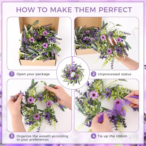 6 Pcs Mini Lavender Hanging Wreaths for Cabinets Purple Daisy Candle Rings Pillar Holder Small Wreath Wild Flower Spring Summer Floral Wreaths for Farmhouse Porch Front Door Window Decor - color: Purple Lavender