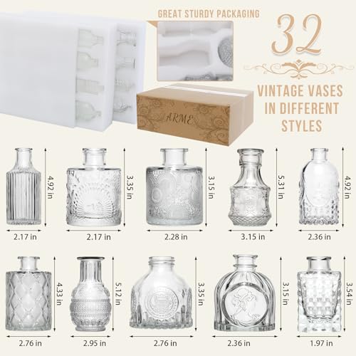 Arme Glass Bud Vase Set of 32 Pcs，Small Glass Vases for Flowers，Clear Bud Vases in Bulk，Vintage Vases for Centerpieces，Small Glass Bud Vase for Rustic Wedding Decorations，Home Table Flower Décor - color: Clear-32pcs, size: 32 Pcs