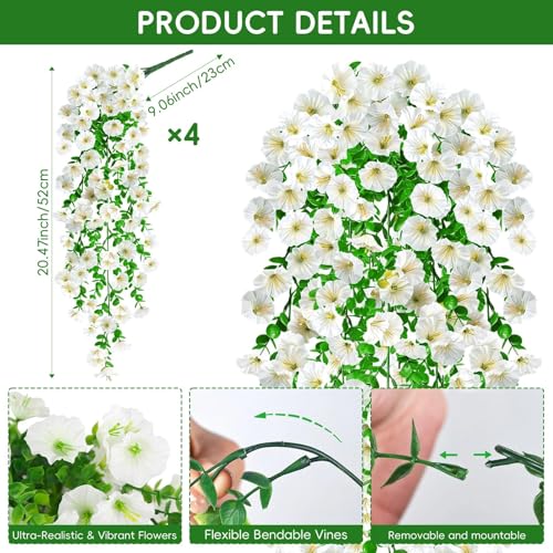 Artificial Hanging Flowers for Outdoors, 4Pcs UV Resistant Artificial Hanging Morning Glory Flowers, Spring Realistic Faux Outdoor Flower for Porch Patio Yard Garden Farmhouse Decor (White - color: White