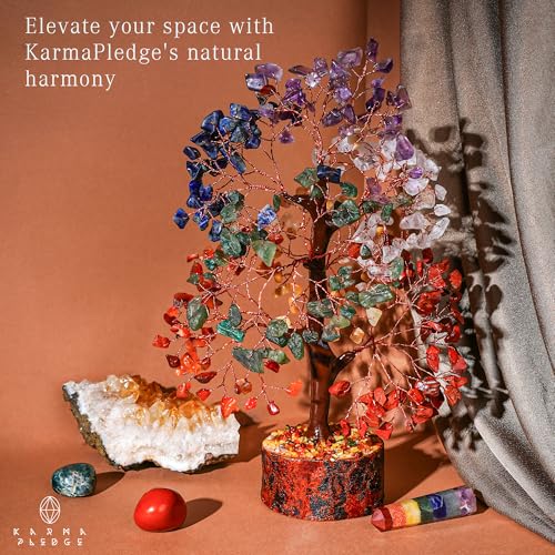 KARMAPLEDGE 7 Chakra Tree of Life for Manifestation Unique Birthday Gifts for Women, Men, Friends, Handmade Home Decor Healing Crystal Tree for Money, Good Luck, for Her, Mom & Dad - color: Wooden Base 7 Chakra Manifestation Tree Copper