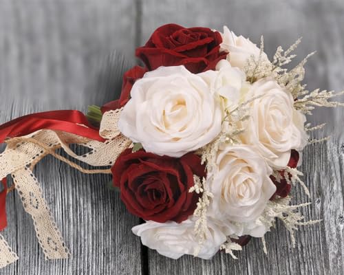 LEIFENY Wedding Bouquets for Bride, Champagne White & Burgundy Bridal Bridesmaid Wedding Flowers, Artificial Toss Rose for Civil Ceremony (Jute Rope Handle) - color: Champagne White & Burgundy