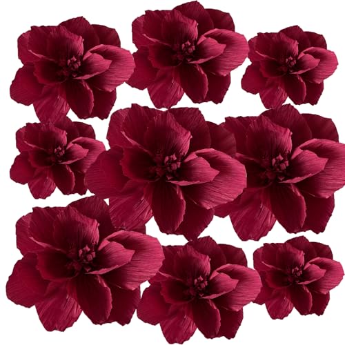 BRT Bearingshui Crepe Paper Flowers Decoration for Wall Total 9 Pcs, Artificial Flowers for Wedding Decor,Flower Backdrop Decor, Baby Bridal Shower Birthday Party, Burgundy 3D Wall Flowers Decor - color: Burgundy