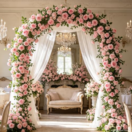 Dallisten 2 Strands 73'' Artificial Silk Rose Flower Vines Garland, Fake Pink Roses Floral Green Leaves Hanging Plant for Wedding Arrangement Decoration, Wall, Party, Bedroom, Home Decor (Pink) - color: Pink