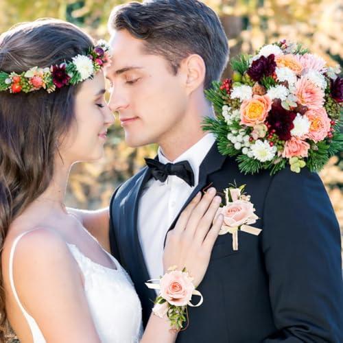 Artificial Rose Corsage & Wrist Corsage Set, Rose Wrist Flower Wristlet Bracelet Groom Best Man Boutonniere, for Prom Suit Decorations Wedding Party Flower Accessories(Color:Pink) - color: Pink