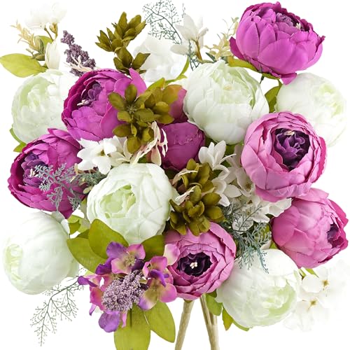 FiveSeasonStuff Vintage Artificial Peonies Silk Peony Flowers and Hydrangeas for Wedding Bridal Home Décor – Beautiful Floral Centerpiece Arrangement with 2 Bouquets (Bloom Purple and White Mix) - color: Vintage Bloom