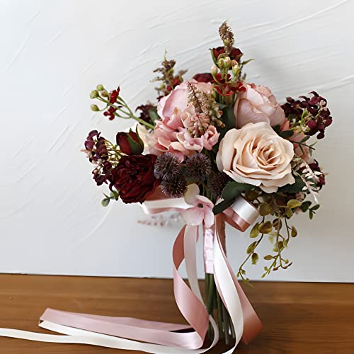 Artificial Wedding Bouquet for Brides Bridesmaid Holding Flower with Greenery Artificial Fabric Rose Wedding Flower Bridal Toss (Vintage Pink) - color: Vintage Pink
