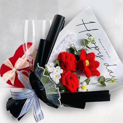 Completed RedGi Crochet Flowers Bouquet, Handmade Knitted Bouquet, Crochet Artificial Flowers for Mother's Day Birthday, Wedding Home Decor, Gifts for Mom (Red Rose & Tulip) - style: Red Rose & Tulip