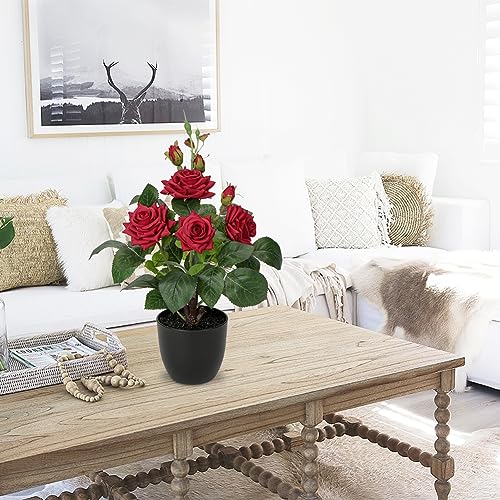 Hollyone Artificial Plants & Flowers in Vase Red Roses Artificial Flowers Potted Plant Faux Silk Flower with Black Pot Fake Rose Flower Arrangement Home Decor Bathroom Shelf Desk Decoration 15 Inch - color: Rose 1 - Red (15inch)