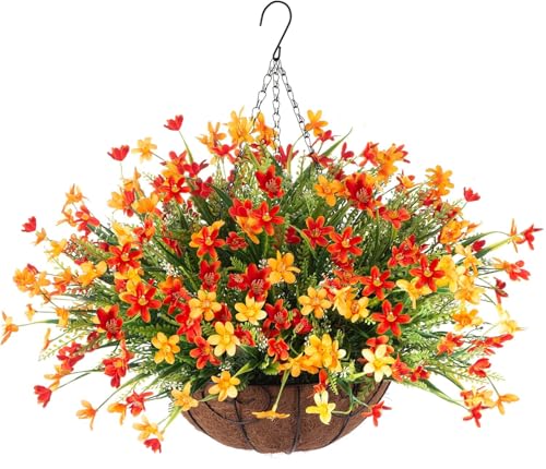 Artificial Spring Fake Flowers with Hanging Basket for Outdoor Summer Decoration, Fake Mums Silk Flowers UV Resistant Faux Flower Plants for Porch Patio Garden Balcony Outside Indoor Decor (Orange) - color: Orange-2