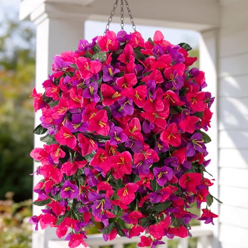 3 pcs Fake Bougainvillea Artificial Hanging Flowers Basket for Outdoors Decoration Faux Hanging Flowers Plants for Outdoor Planters Silk Bougainvillea Vines for Front Door Porch Patio Garden - color: Hot Pink and Light Purple+basket