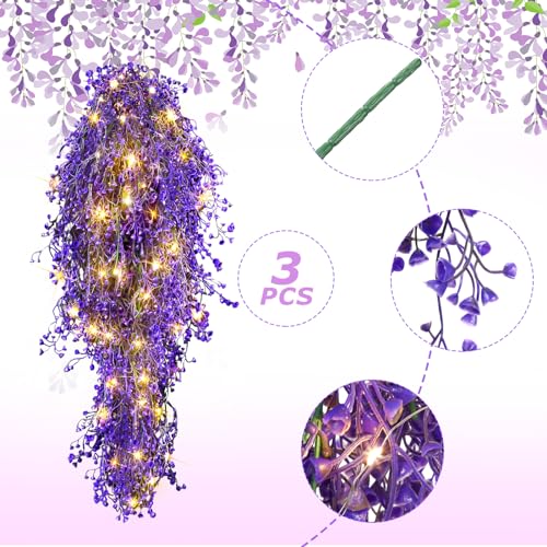 Mudder 3 Packs LED Artificial Hanging Plants, 3.6 ft Fake Hanging Plant, Ivy Vine Fake Leaves Greeny Chain Wall Home Room Garden Wedding Garland Outside Decor (Basket Not Included) (Purple Vine) - color: Purple Vine