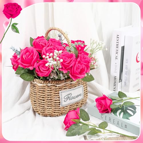 24 Pcs Hot Pink Rose Artificial Flowers with Long Stem Real Touch Silk Roses Bulk for Wedding, Party, Table Centerpieces Bright Pink Bouquet, Bridal, Home Decor - color: Hot Pink