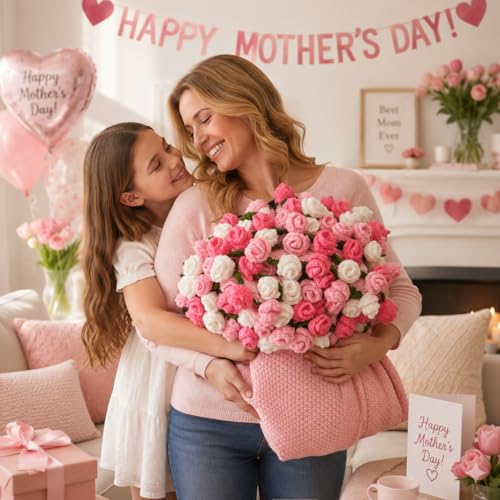 Crochet Flower Bouquet Throw Blanket, Cute Romantic Gift for Her Girlfriend Mom Mother’s Day Valentine Wedding Anniversary Birthday (Pink, 60 inches) - color: Pink, size: 60 inches