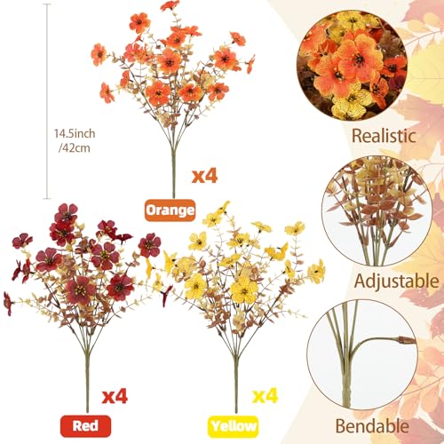 ATTGREAT Artificial Fall Flowers Outdoors UV Resistant Fake Mums Bulk Outside Faux Mums Plants Decorations for Home Garden Porch Hanging Planter Autumn Decor, 12 Bundles (Mix Orange Yellow Fall Red) - color: Orange Yellow Fall Red, size: 12PCS