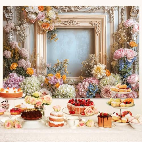6X4ft Retro Wall Wedding Backdrops Frame Style Colorful Flowers Wall Background Medieval Building Photo Background for Mothers Day Bridal Baby Shower Birthday Girls Women Decoration Backdrop - color: Multi, size: 6X4ft