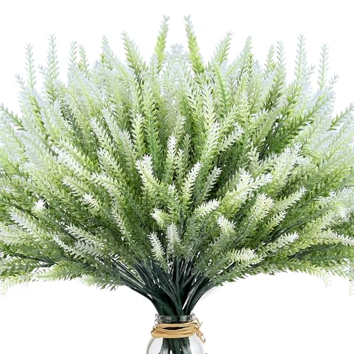 15 Bundles Artificial Lavender Outdoor Flowers Fake Plastic Flower Outside UV Resistant for Home Kitchen Garden Patio Porch Wedding Window Box Centerpieces Indoor Outdoor Decor(White) - color: White