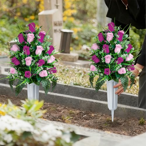 Artificial Cemetery Flowers - Set of 2 Grave Memorial Rose Flowers with Vase for Cemetery Headstones Gravesites Decoration (Purple & Pink) - color: Purple & Pink