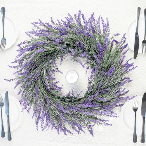 HUZIYAHAN Spring Summer Lavender Door Wreath 24Inch Front Door Wreath All Seasons Wreaths Purple Artificial Lavender Wreaths for Outdoor Outside Indoor Window Home Rustic Farmhouse Decorations - size: 24 inches