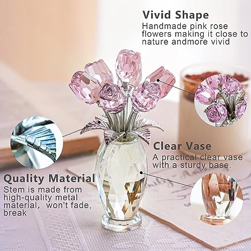 H&D HYALINE & DORA Pink Crystal Rose Bouquet Figurine,Handmade Rose Flower Gifts for Mom Gifts for Women,Glass Flower Collectible Ornament Home Table Wedding Decor - color: Pink 1
