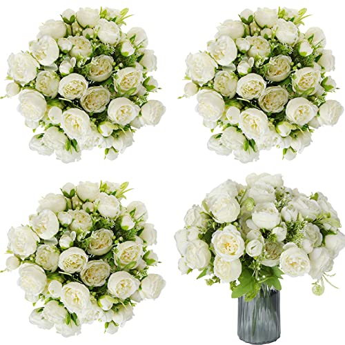 Sumind 16 Bundles Peonies Artificial Flowers Bulk Wedding Silk Faux Flowers with Stems Faux Peony Wedding Bouquets for Bride Florals Arrangements Decor for Table Centerpiece Vase Decoration(White)